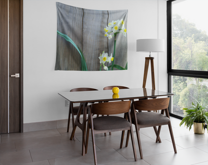 Daffodils by the Fence Wall Tapestry – Rustic Spring Floral Hanging for Cottagecore and Botanical Decor