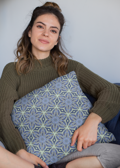 Pale Cornflower Blue and Yellow Decorative Square Pillow – Geometric Floral Throw Pillow