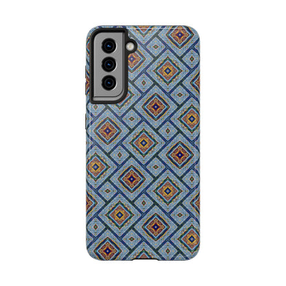 Blue Fusion Tiling Tough Case – Blue Geometric Phone Case, Modern Diamond Pattern Cover, Abstract Tile Design