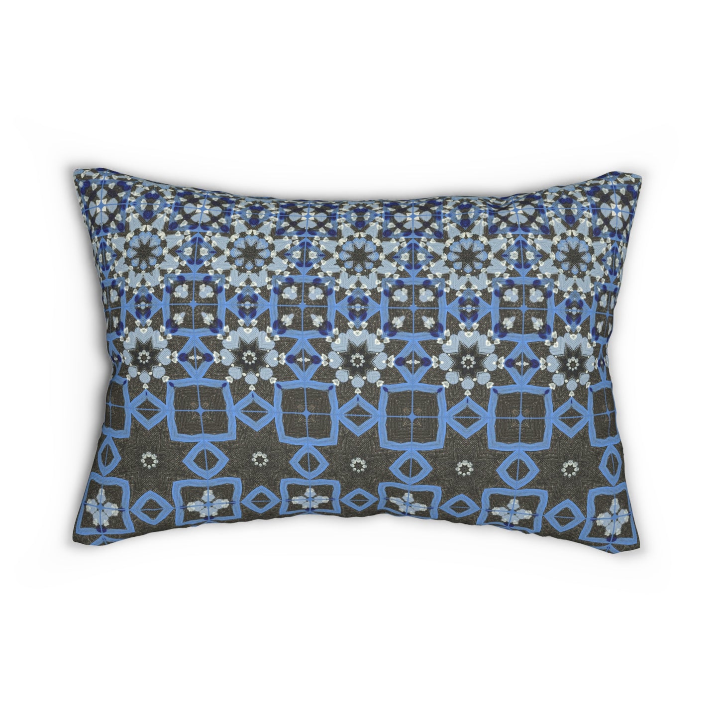 Blue Quilt Morph Pattern Lumbar Pillow – Geometric Floral Accent Pillow for Modern Home Decor or Holiday Gifting