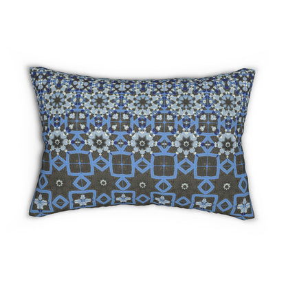 Blue Quilt Morph Pattern Lumbar Pillow – Geometric Floral Accent Pillow for Modern Home Decor or Holiday Gifting