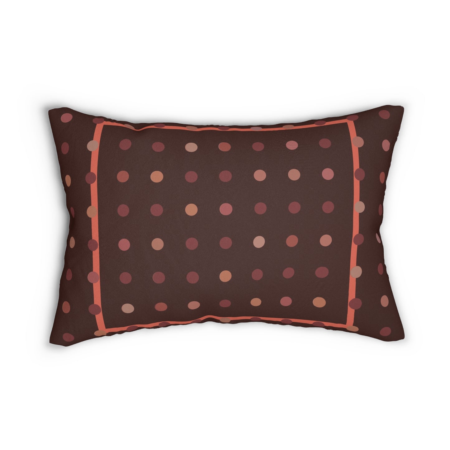 Retro Burgundy Polka Dot Lumbar Pillow – Warm Earth Tone Throw Cushion with Border for Fall or Mid-Century Decor