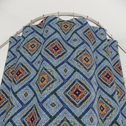Blue Fusion Tiling Shower Curtain – Blue Geometric Bathroom Decor, Modern Tile Pattern, Diamond Design Curtain
