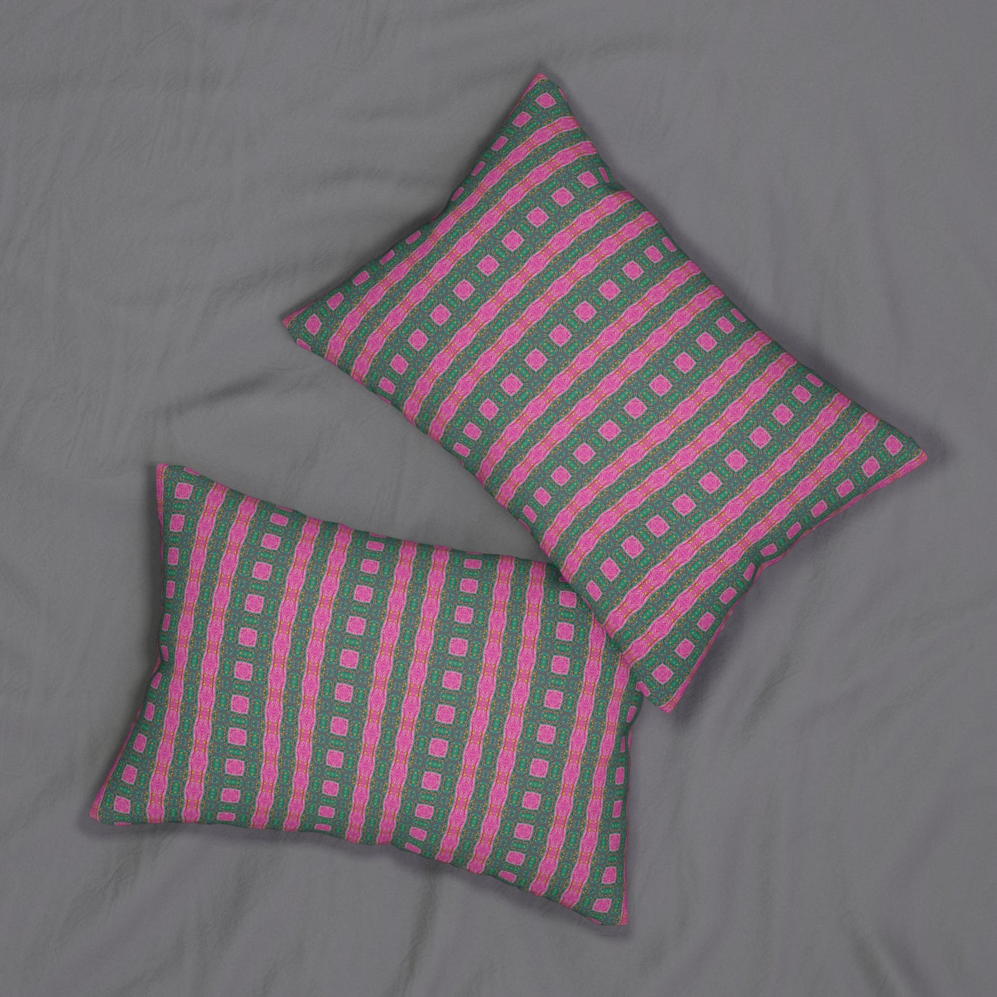 Green and Pink Ladder Lumbar Pillow - Retro Stripe Square Pattern Cushion for Eclectic or Pop Art Home Decor