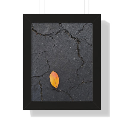Orange Leaf on Black Concrete Framed Print – Minimalist Autumn Wall Art for Urban and Modern Rustic Decor