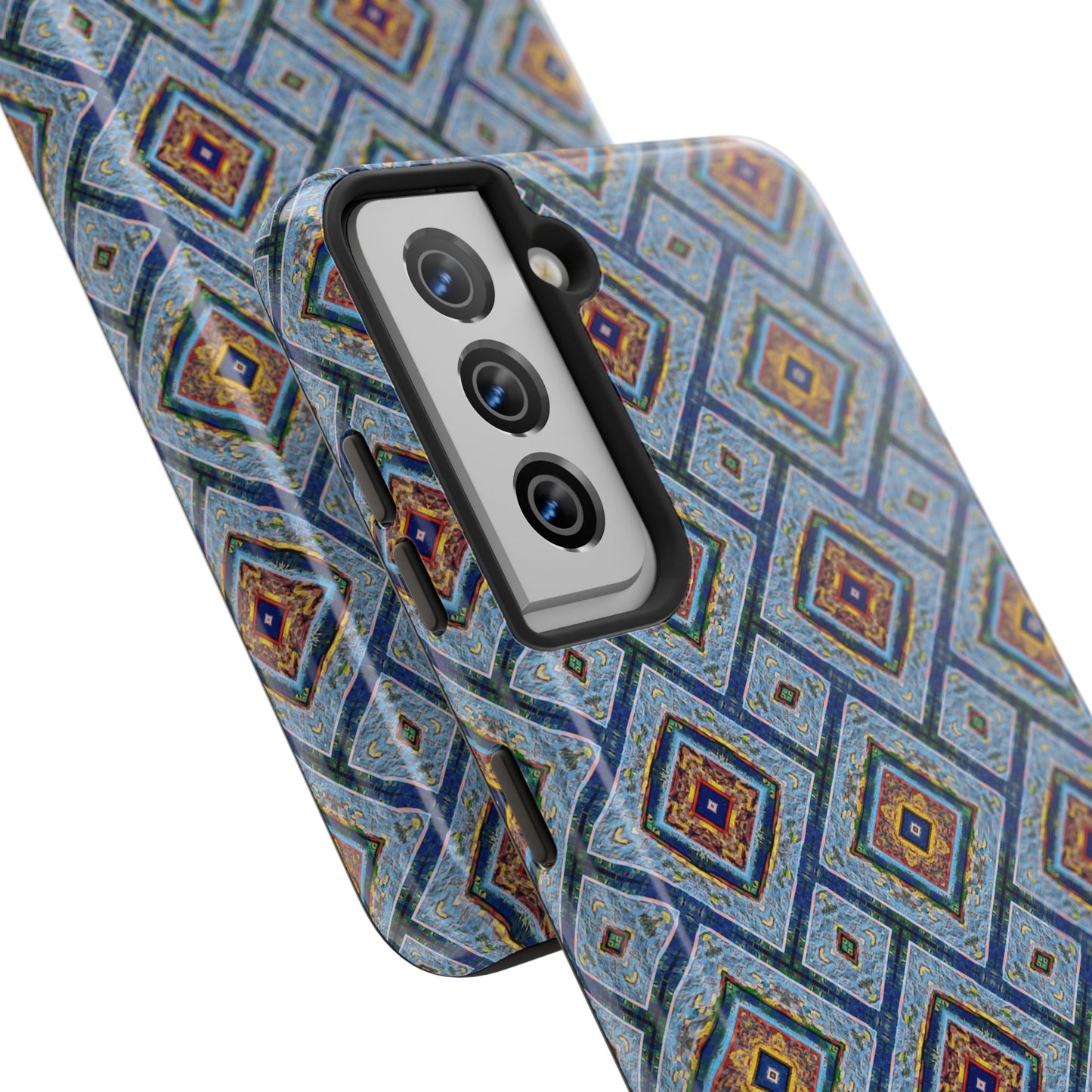 Blue Fusion Tiling Tough Case – Blue Geometric Phone Case, Modern Diamond Pattern Cover, Abstract Tile Design