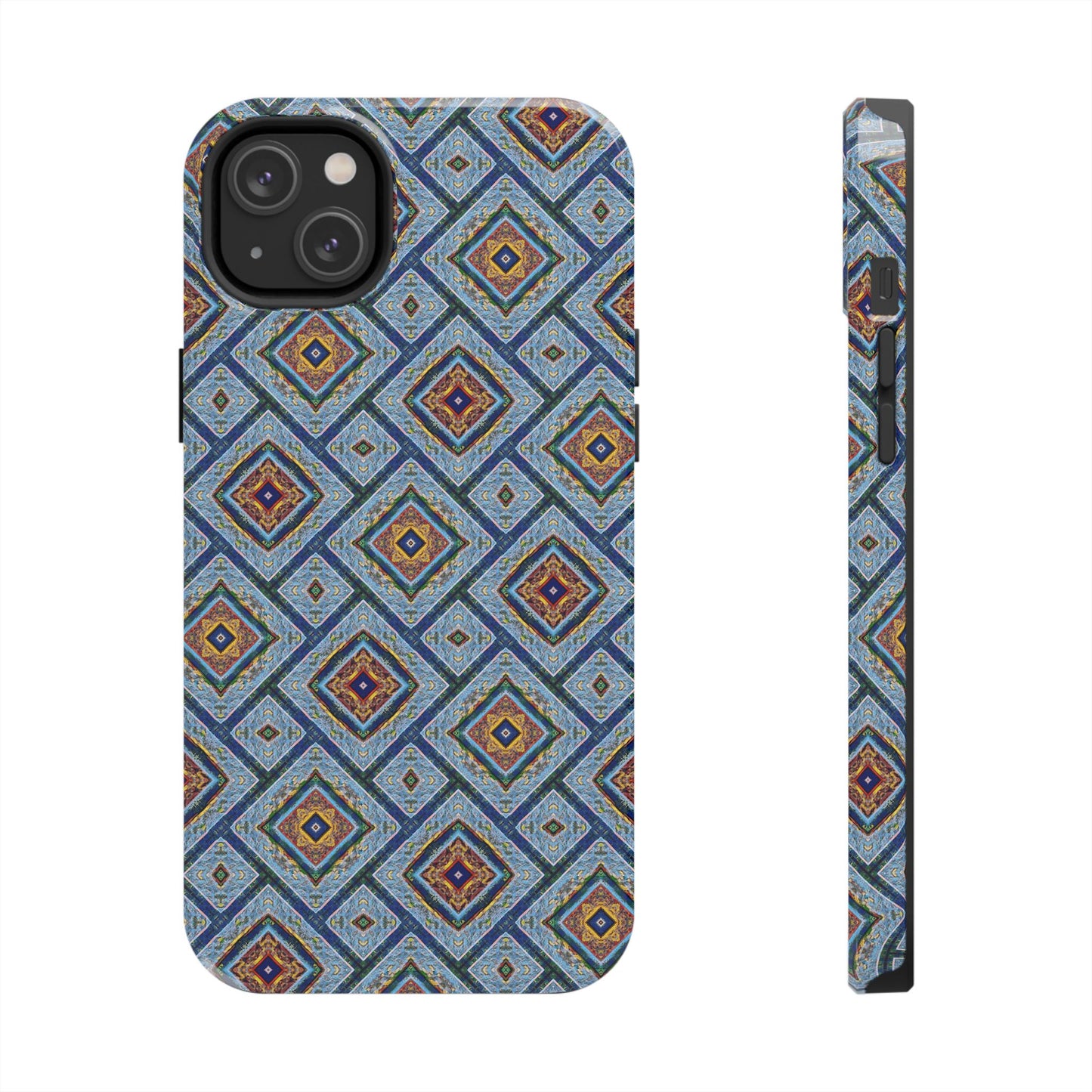 Blue Fusion Tiling Tough Case – Blue Geometric Phone Case, Modern Diamond Pattern Cover, Abstract Tile Design