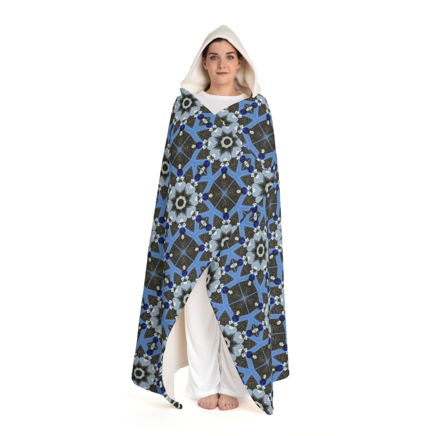 Blue Quilt Pattern Hooded Blanket – Quilted Sherpa Wearable Throw, Patchwork Fleece Comfort Wrap
