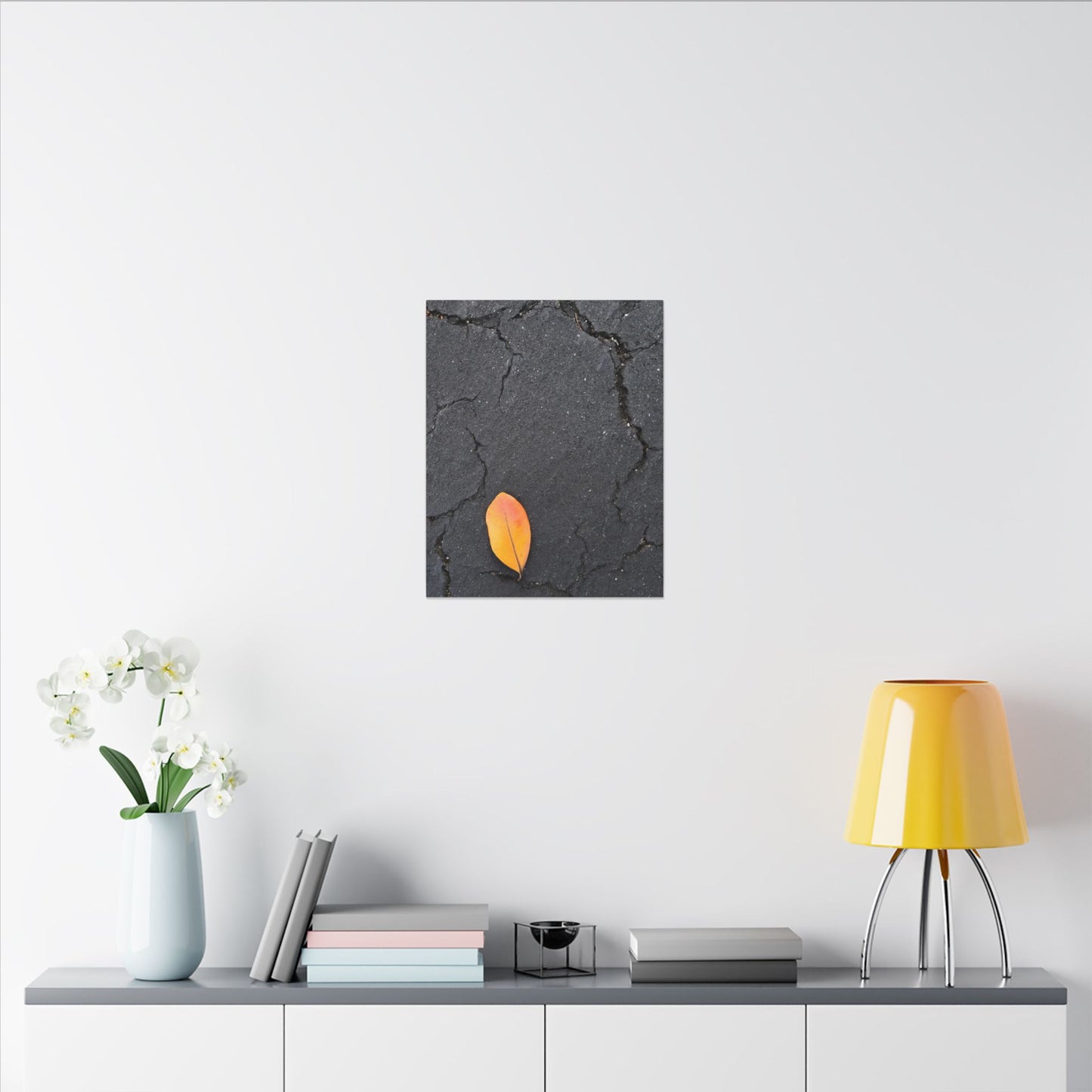 Orange Leaf Against Black Concrete Minimalistic Canvas Print – Contemporary Nature Photography Wall Art