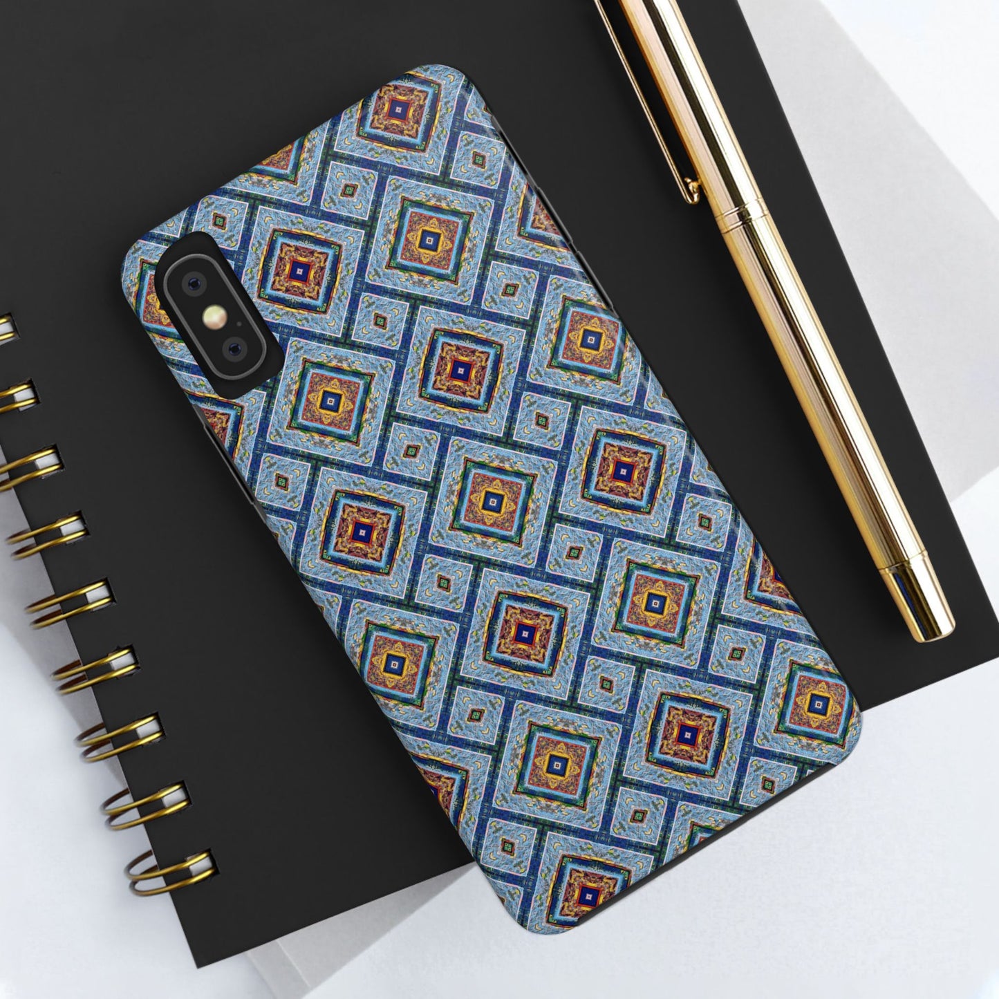 Blue Fusion Tiling Tough Case – Blue Geometric Phone Case, Modern Diamond Pattern Cover, Abstract Tile Design