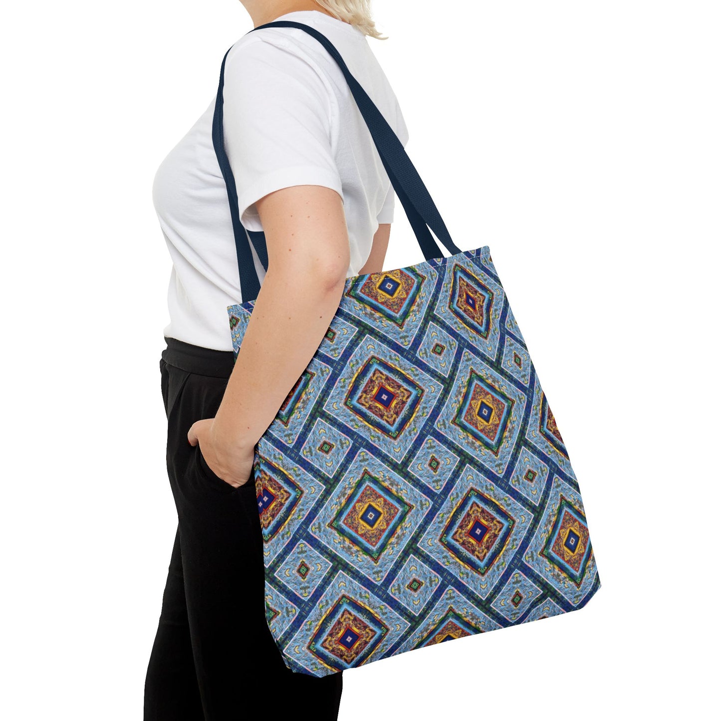 Blue Fusion Tiling Tote Bag – Blue Geometric Canvas, Modern Tile Pattern, Diamond Design Everyday Bag