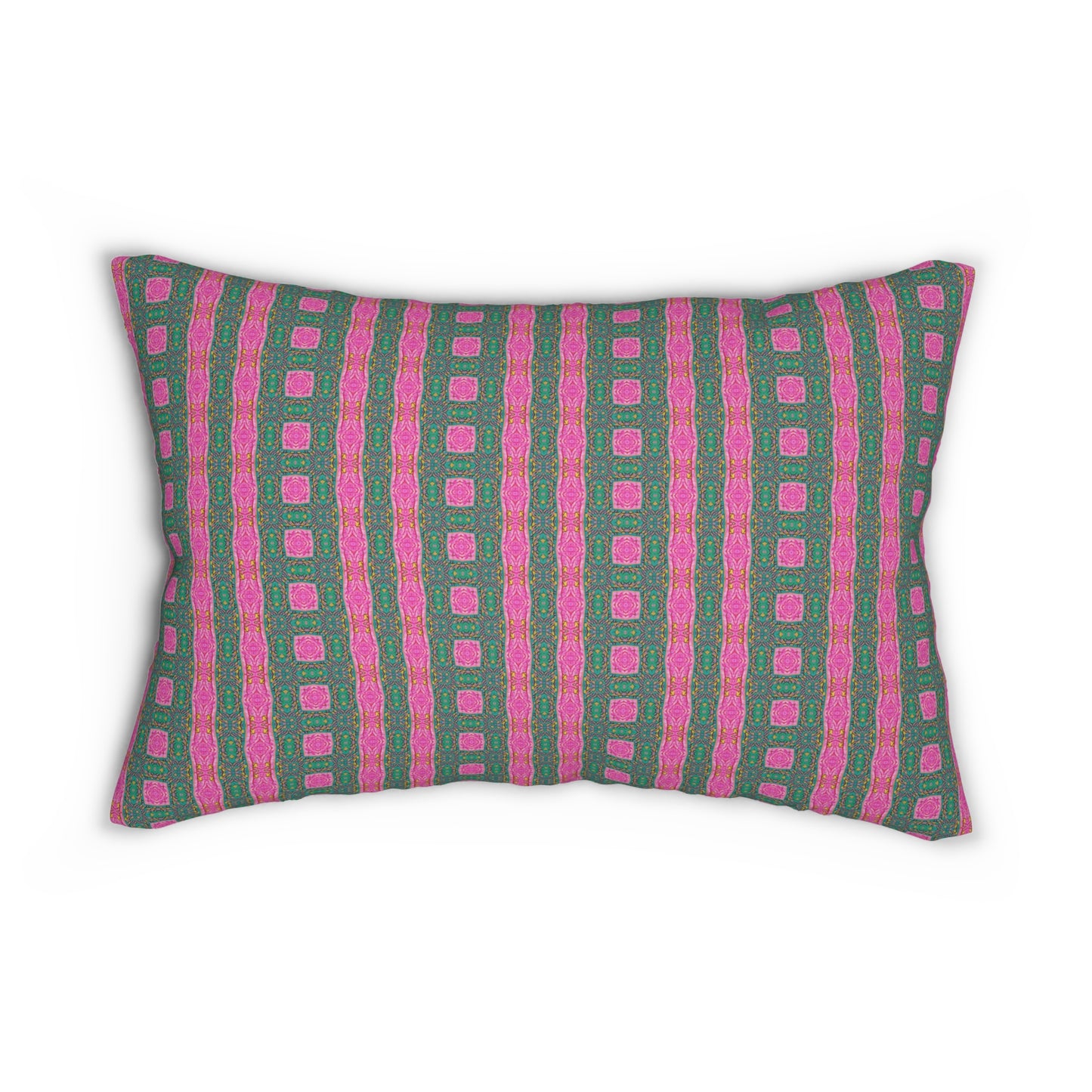 Green and Pink Ladder Lumbar Pillow - Retro Stripe Square Pattern Cushion for Eclectic or Pop Art Home Decor