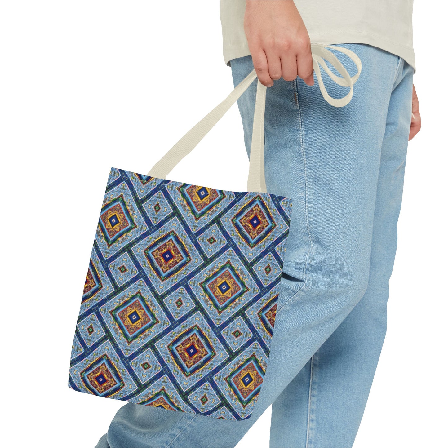 Blue Fusion Tiling Tote Bag – Blue Geometric Canvas, Modern Tile Pattern, Diamond Design Everyday Bag