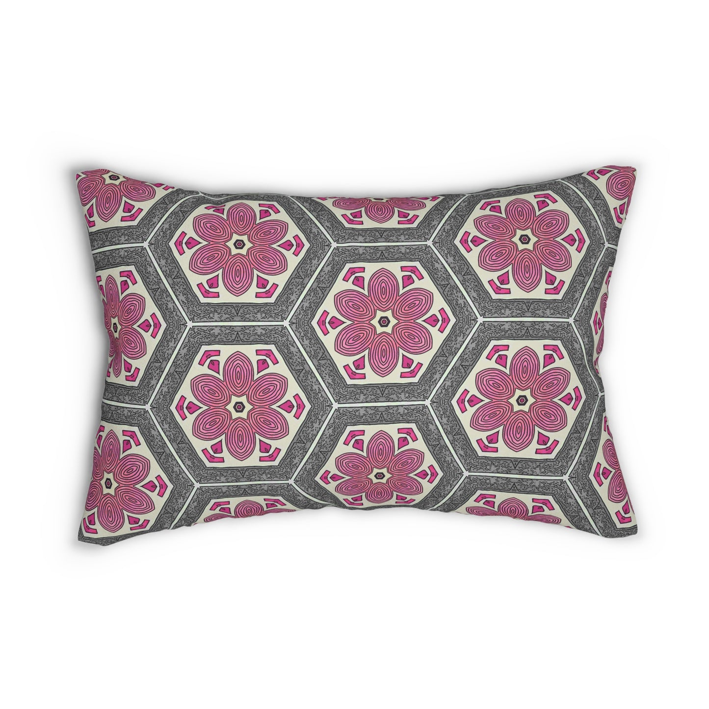 Pink & Gray Floral Lumbar Pillow – Hexagon Medallion Decorative Cushion for Boho, Modern, or Moroccan-Inspired Decor
