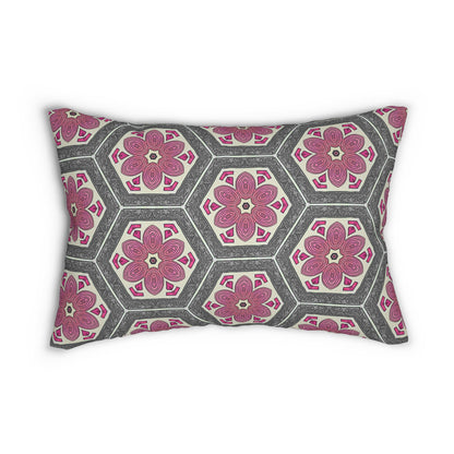 Pink & Gray Floral Lumbar Pillow – Hexagon Medallion Decorative Cushion for Boho, Modern, or Moroccan-Inspired Decor