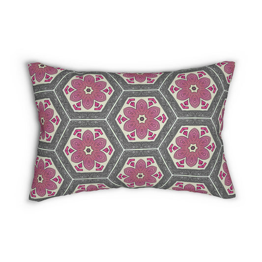Pink & Gray Floral Lumbar Pillow – Hexagon Medallion Decorative Cushion for Boho, Modern, or Moroccan-Inspired Decor