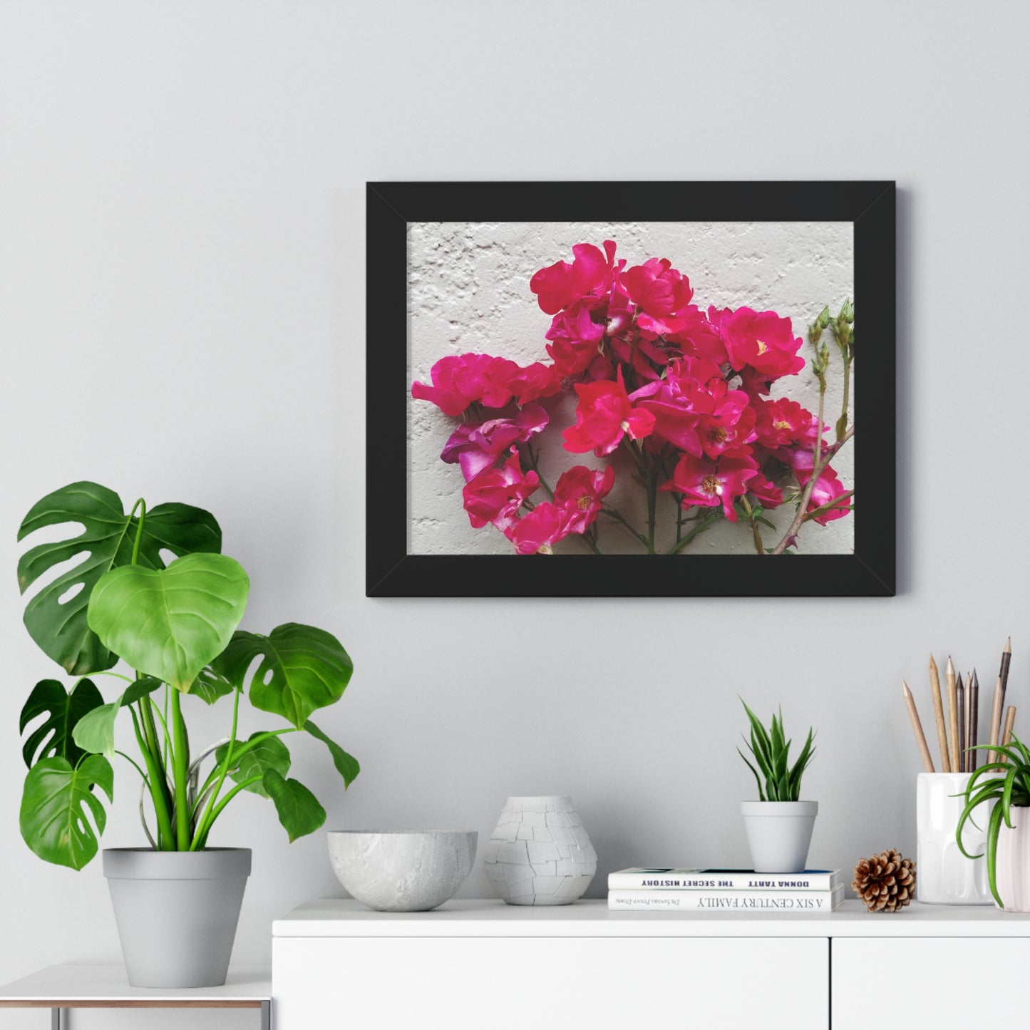 Bougainvillea Against White Stucco Wall Framed Print – Mediterranean Floral Wall Art, Summer Bloom Botanical Decor