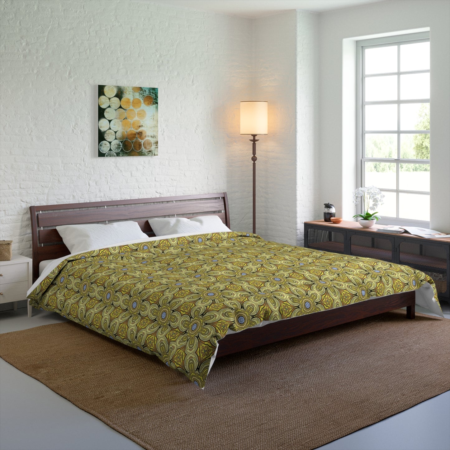 Retro Yellow Flowers Comforter – Geometric Floral Bedding for Modern & Boho Bedrooms