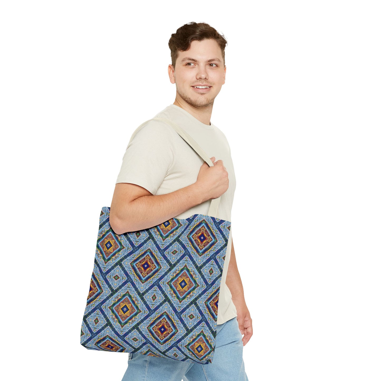 Blue Fusion Tiling Tote Bag – Blue Geometric Canvas, Modern Tile Pattern, Diamond Design Everyday Bag