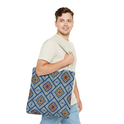 Blue Fusion Tiling Tote Bag – Blue Geometric Canvas, Modern Tile Pattern, Diamond Design Everyday Bag