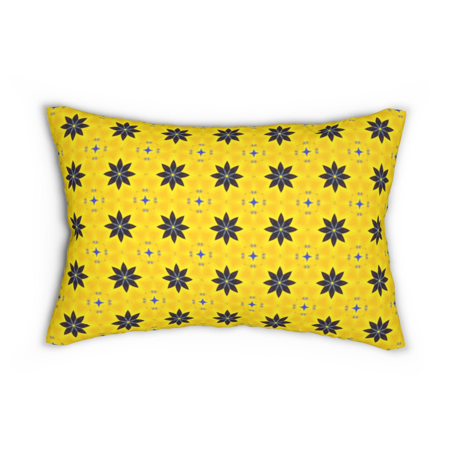 Navy Blue Flowers Lumbar Pillow – Bright Yellow and Navy Floral Accent Pillow for Spring Decor