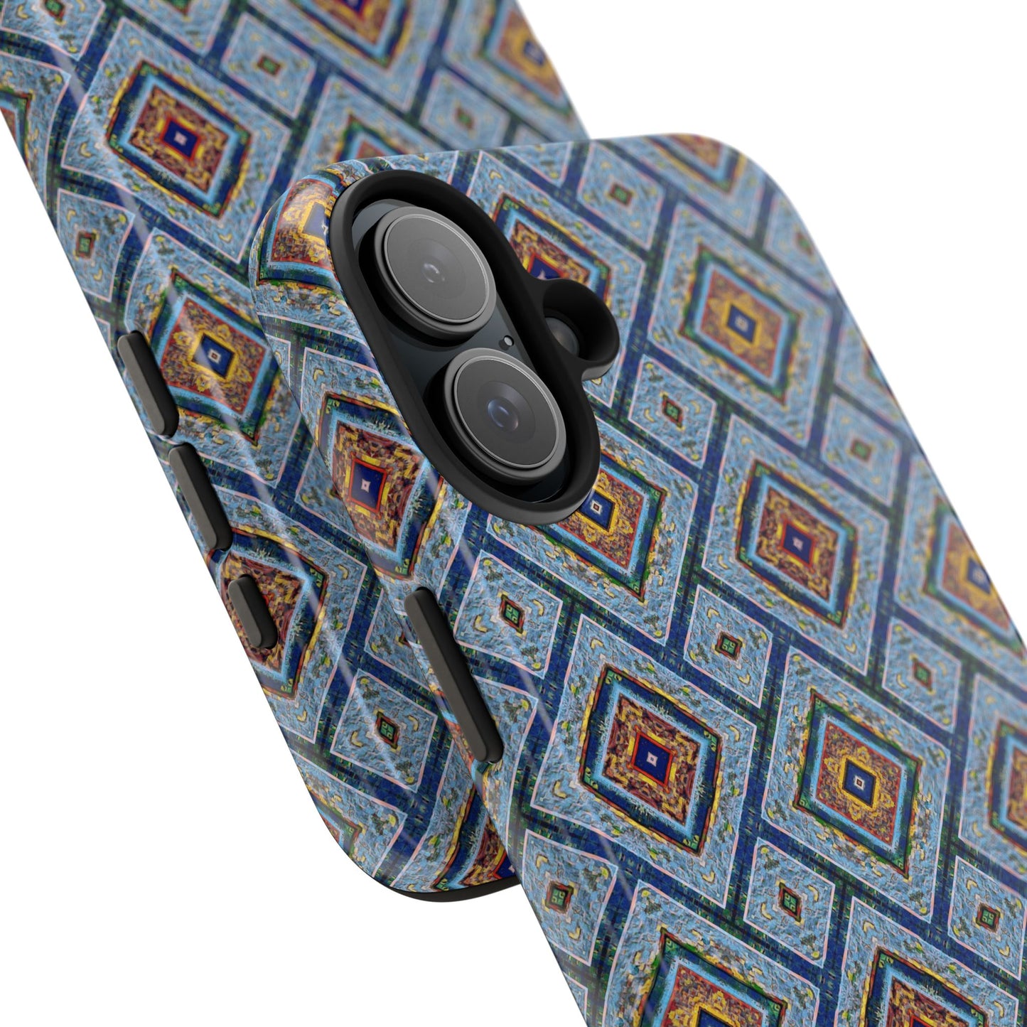 Blue Fusion Tiling Tough Case – Blue Geometric Phone Case, Modern Diamond Pattern Cover, Abstract Tile Design