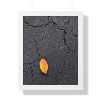 Orange Leaf on Black Concrete Framed Print – Minimalist Autumn Wall Art for Urban and Modern Rustic Decor