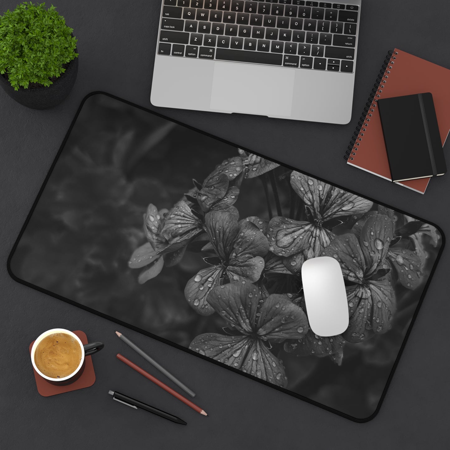 Geranium After a Light Rain Desk Mat – Moody Botanical Floral Art, Monochrome Nature-Inspired Workspace Decor