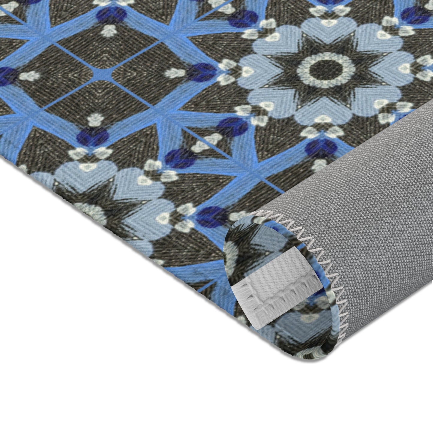Blue Quilt Pattern Area Rug – Quilted Geometric Floor Mat, Patchwork Vintage Tile Living Room Accent