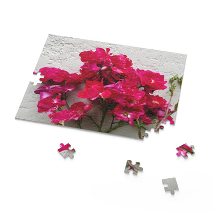 Bougainvillea Against White Stucco Wall Puzzle – Mediterranean Floral Jigsaw, Cottagecore Botanical Art Puzzle
