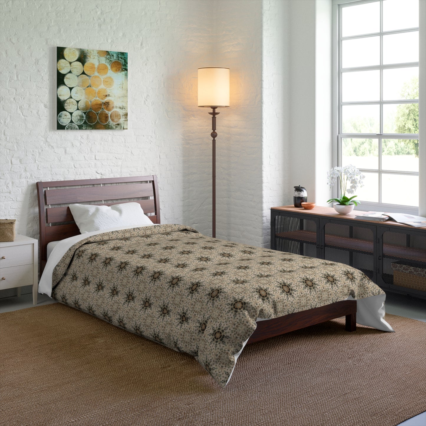 Desert Suns Comforter – Boho Sunburst Bedding, Beige Neutral Tones Mandala Design
