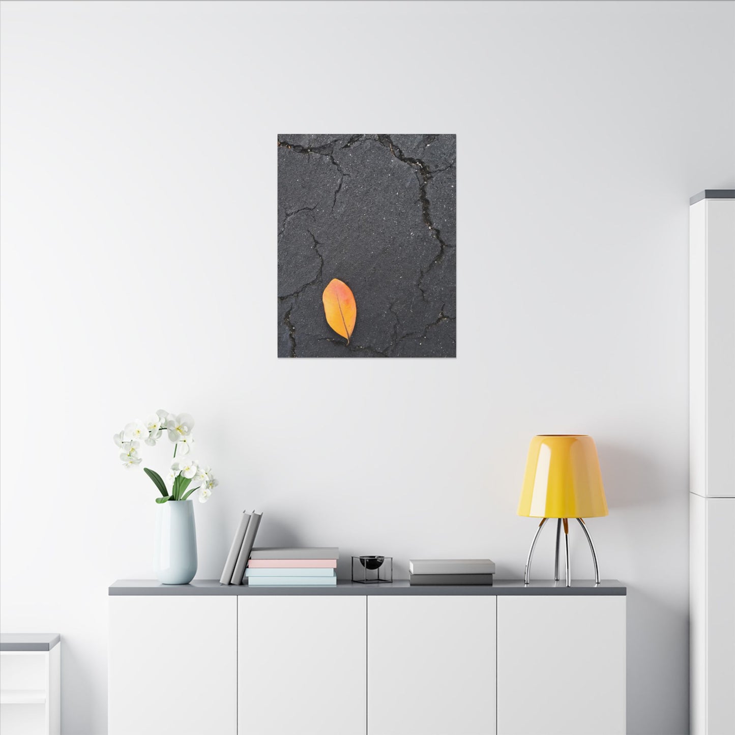 Orange Leaf Against Black Concrete Minimalistic Canvas Print – Contemporary Nature Photography Wall Art