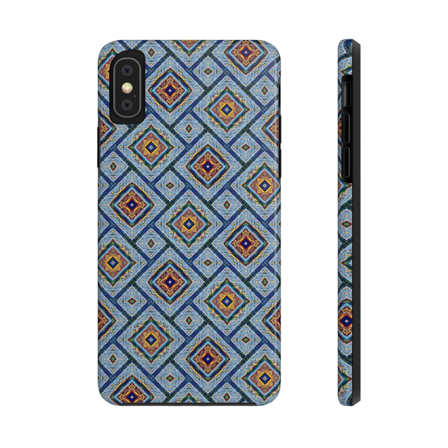 Blue Fusion Tiling Tough Case – Blue Geometric Phone Case, Modern Diamond Pattern Cover, Abstract Tile Design