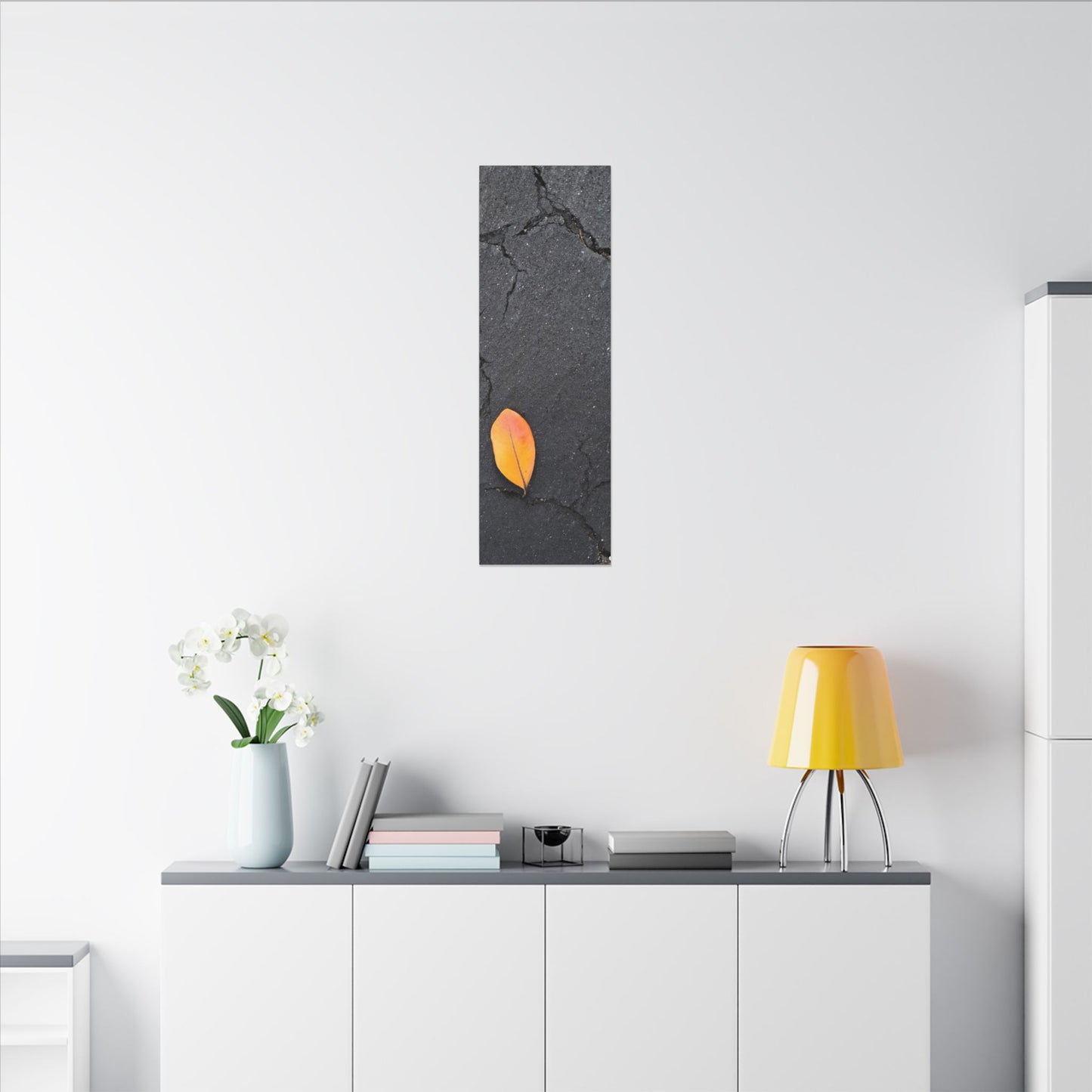 Orange Leaf Against Black Concrete Minimalistic Canvas Print – Contemporary Nature Photography Wall Art