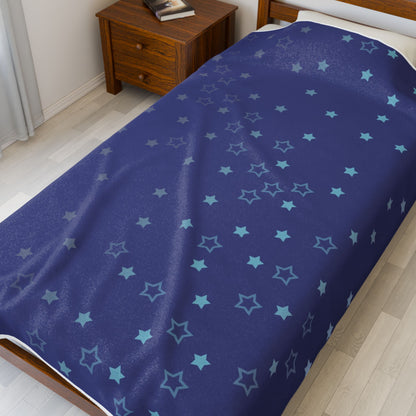 Blue Starfall Velveteen Plush Blanket – Blue Star Throw, Celestial Night Sky Fleece Blanket, Galaxy-Inspired Cozy Decor