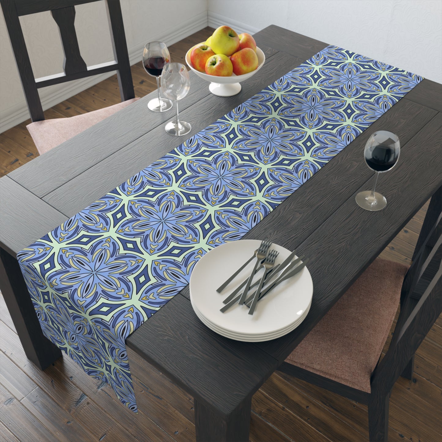 Pale Cornflower Blue and Yellow Table Runner – Elegant Floral Dining Decor for Modern and Traditional Settings