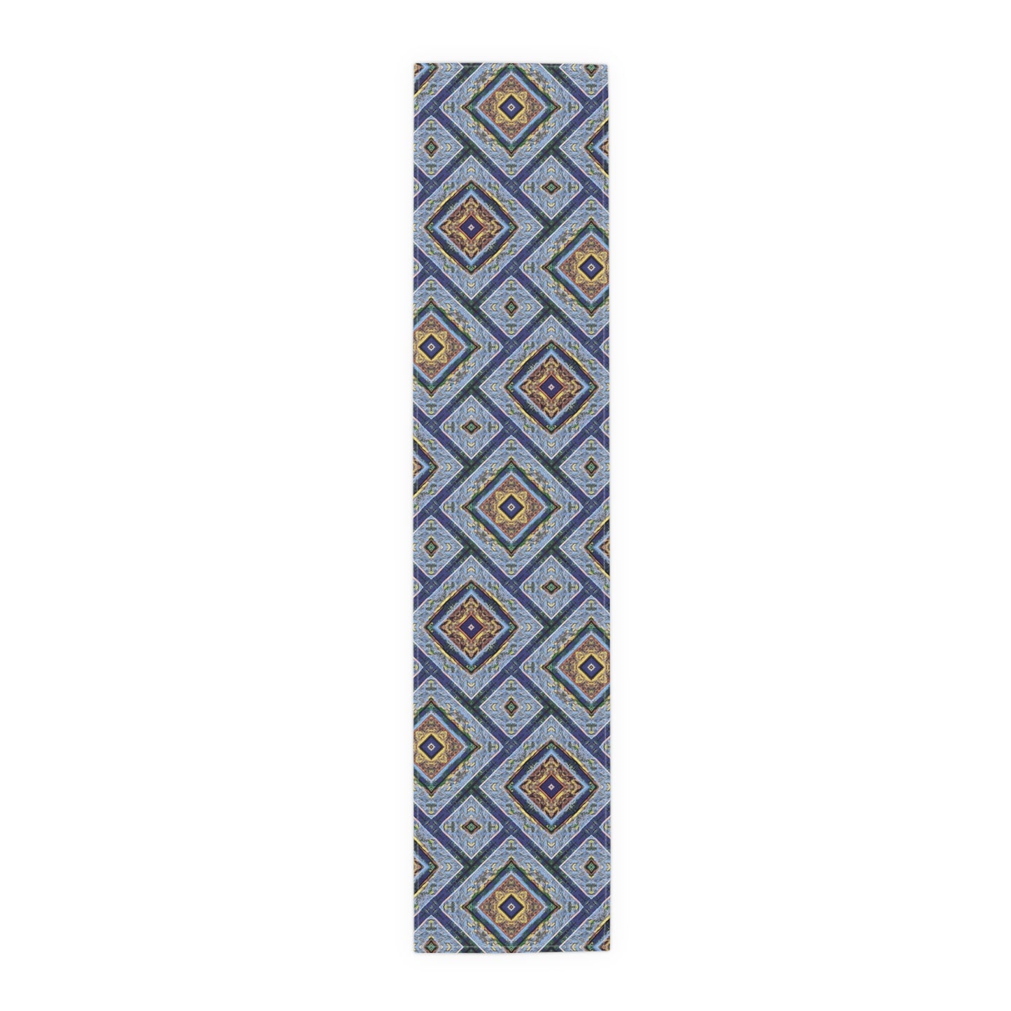 Blue Fusion Tiling Table Runner – Blue Geometric Dining Decor, Modern Tile Pattern Runner
