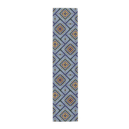 Blue Fusion Tiling Table Runner – Blue Geometric Dining Decor, Modern Tile Pattern Runner