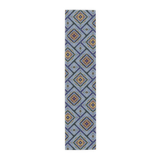 Blue Fusion Tiling Table Runner – Blue Geometric Dining Decor, Modern Tile Pattern Runner