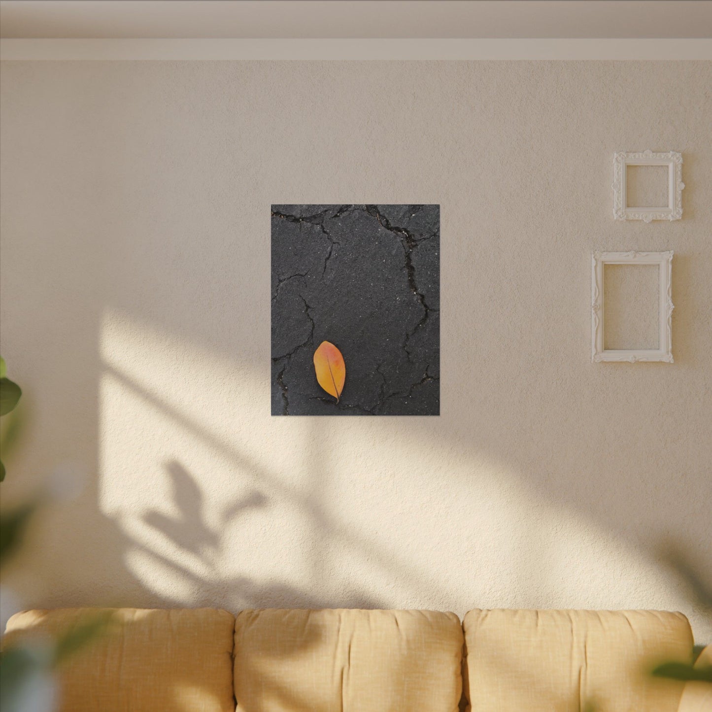 Orange Leaf Against Black Concrete Minimalistic Canvas Print – Contemporary Nature Photography Wall Art