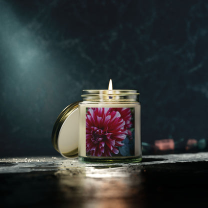 Red and White Dahlia Jar Candle – Botanical Flower Photo Candle for Cozy Floral Home Decor