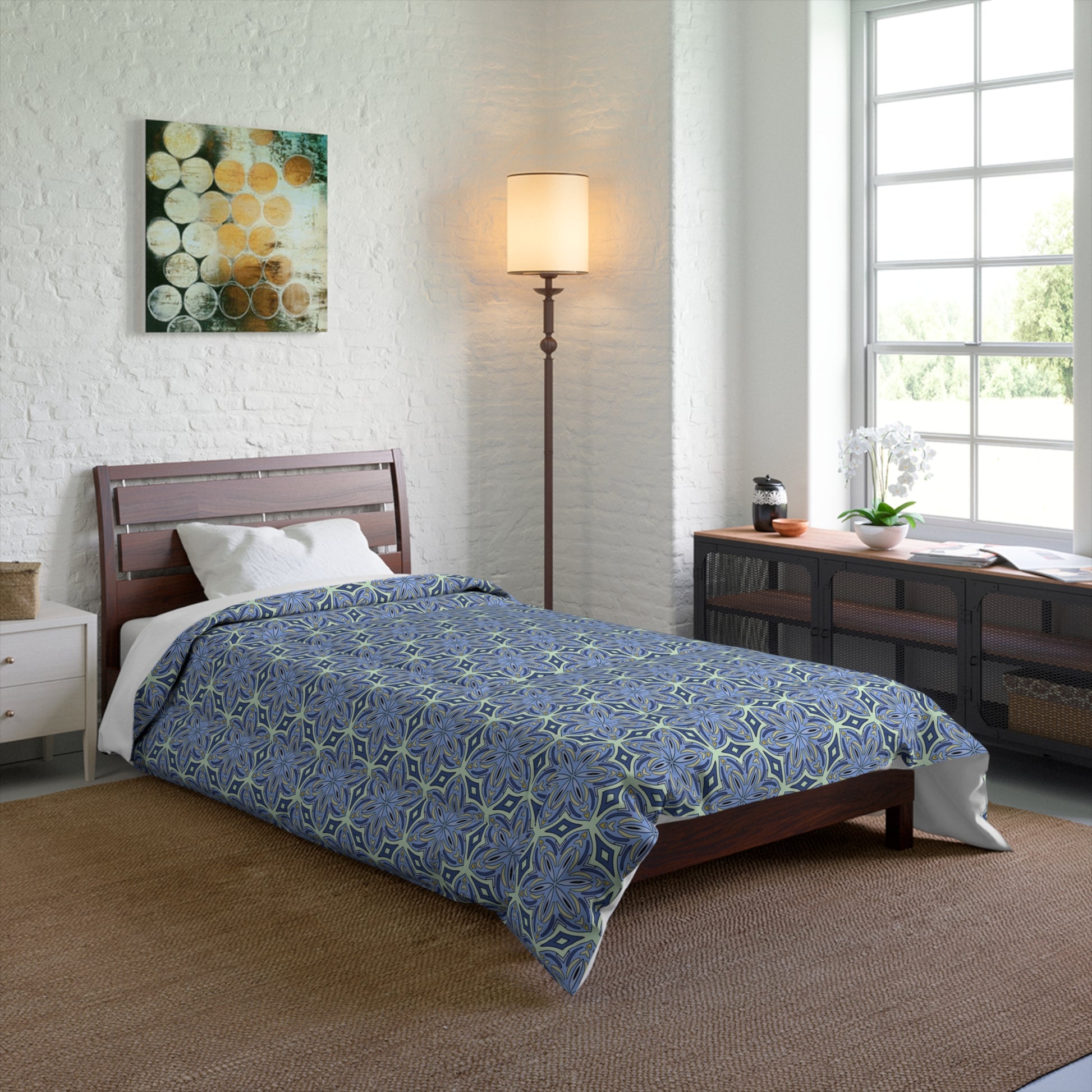 light blue and yellow comforter aesthetic decor