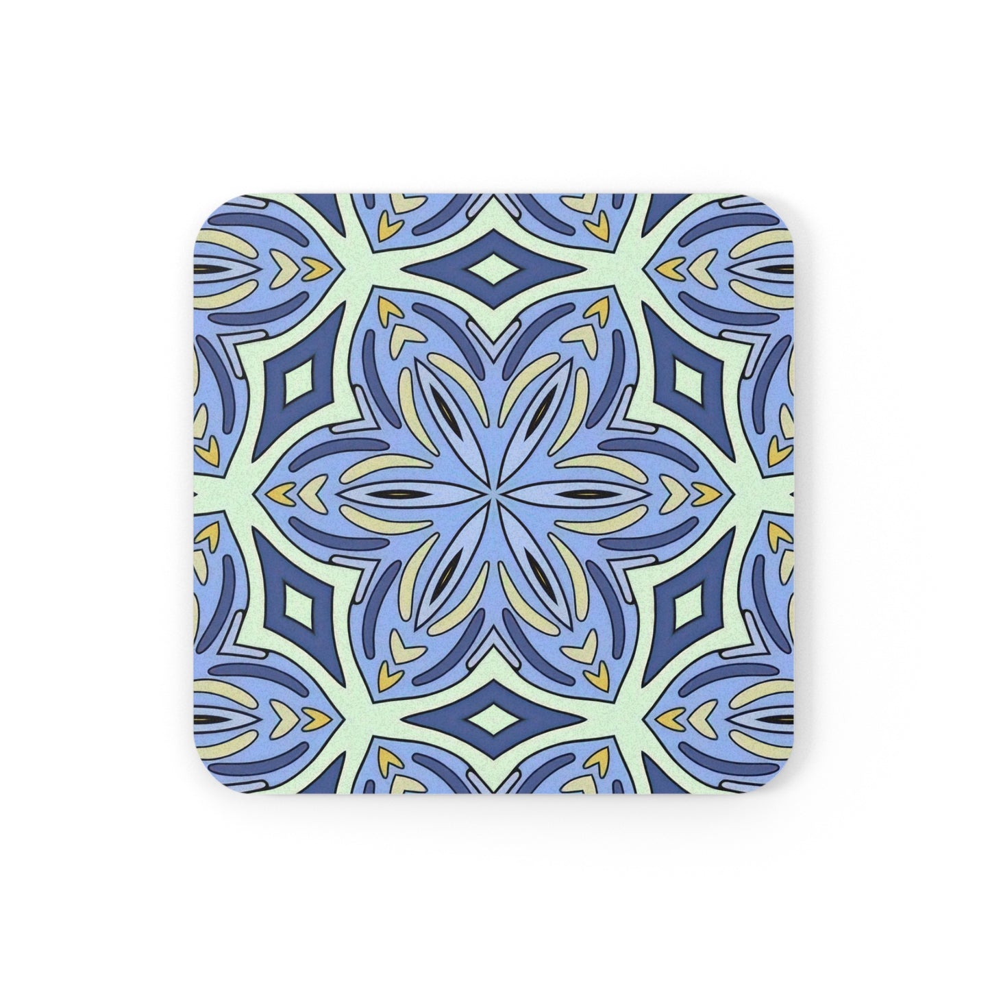 Pale Cornflower Blue and Yellow Coaster Set – Geometric Mandala Cork Backed Coasters for Modern Home Decor