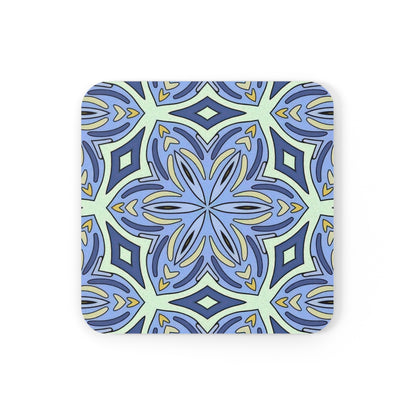 Pale Cornflower Blue and Yellow Coaster Set – Geometric Mandala Cork Backed Coasters for Modern Home Decor