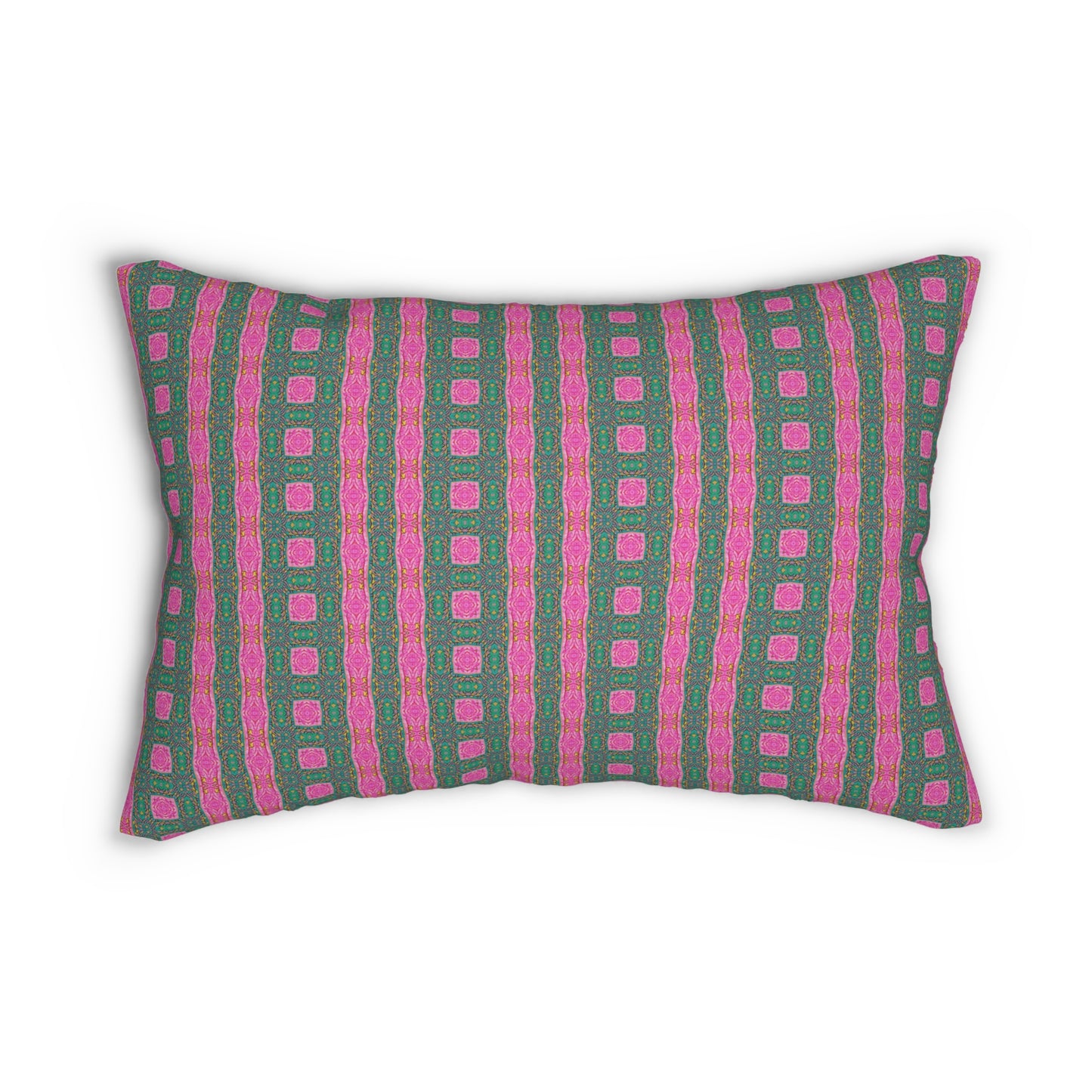 Green and Pink Ladder Lumbar Pillow - Retro Stripe Square Pattern Cushion for Eclectic or Pop Art Home Decor