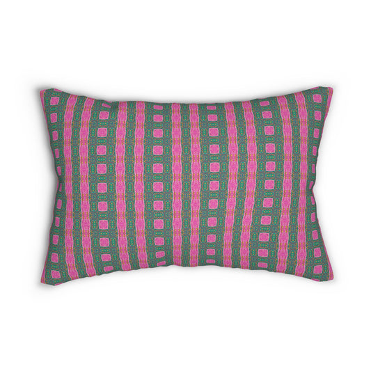 Green and Pink Ladder Lumbar Pillow - Retro Stripe Square Pattern Cushion for Eclectic or Pop Art Home Decor