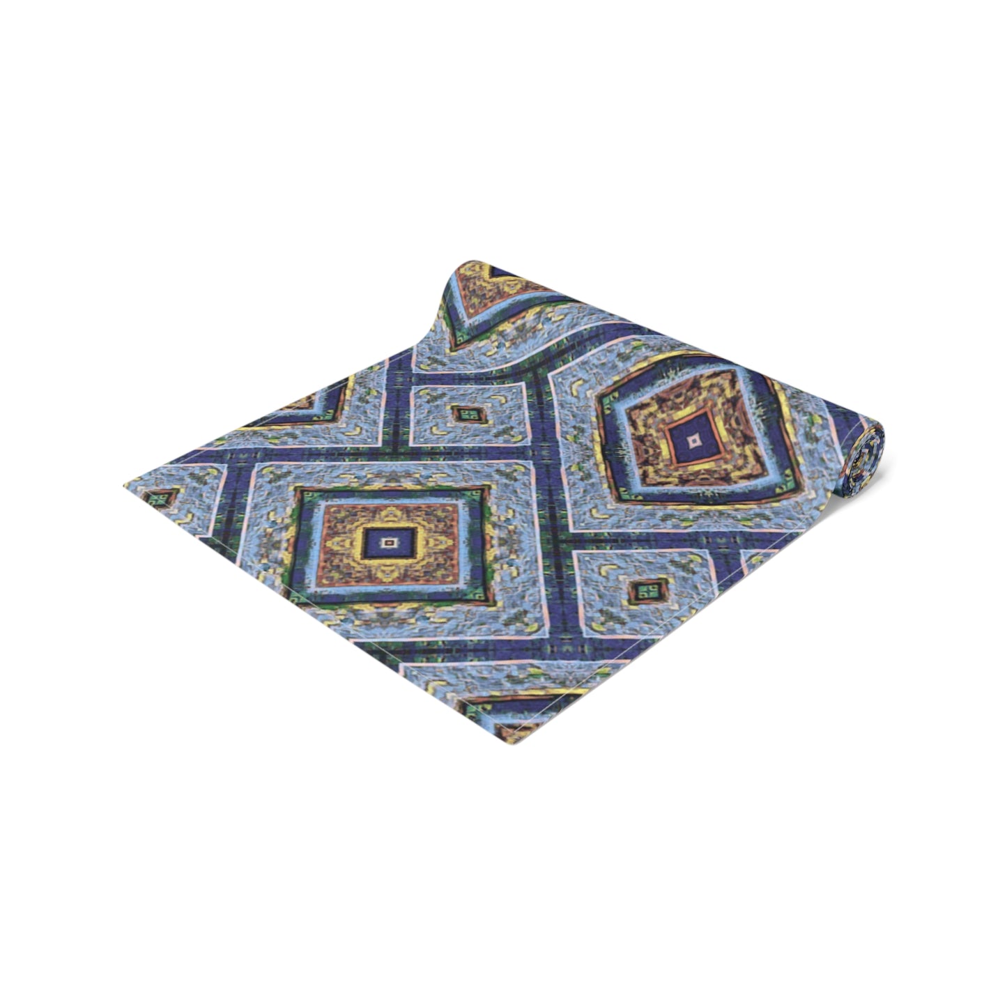 Blue Fusion Tiling Table Runner – Blue Geometric Dining Decor, Modern Tile Pattern Runner