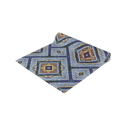 Blue Fusion Tiling Table Runner – Blue Geometric Dining Decor, Modern Tile Pattern Runner
