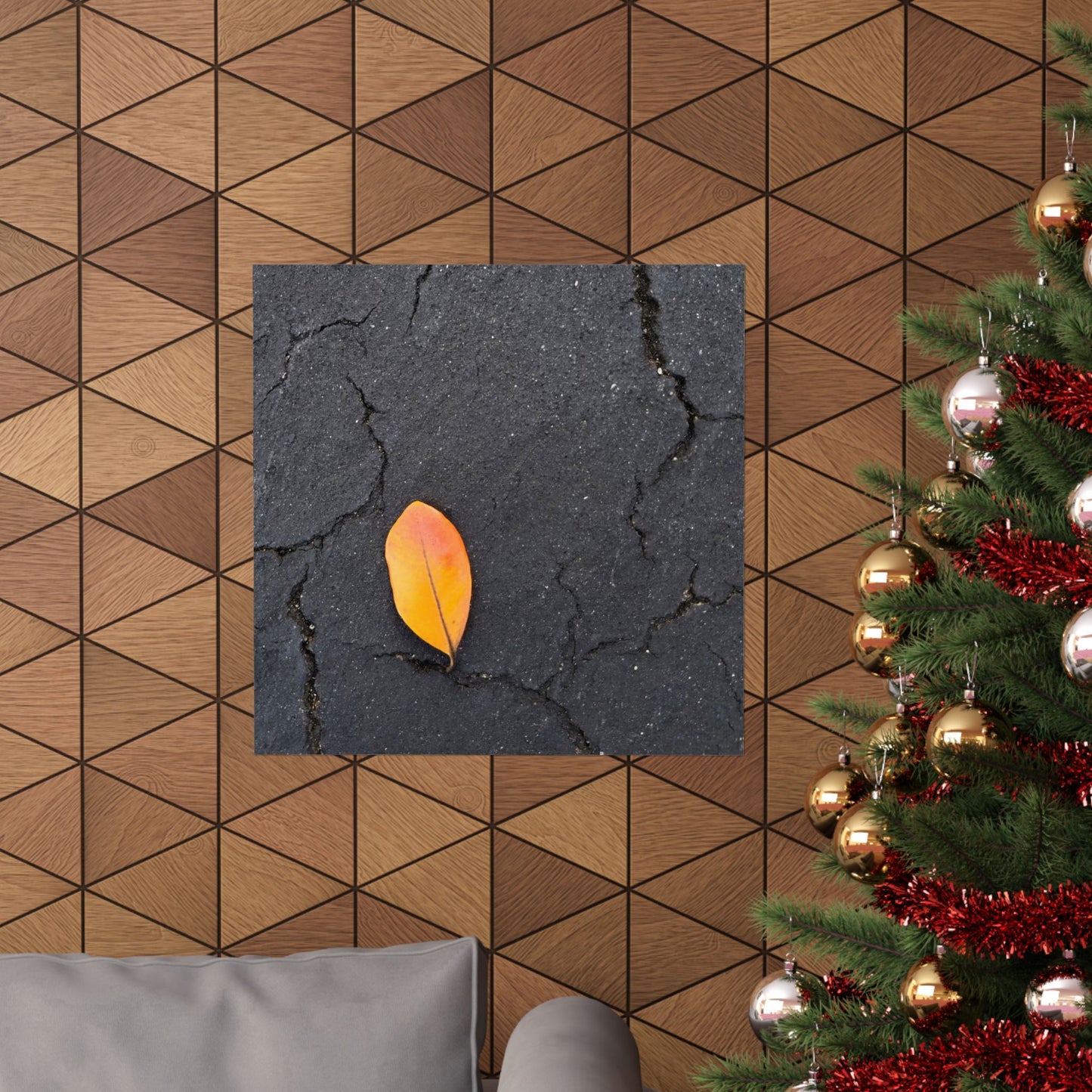 Orange Leaf Against Black Concrete Poster – Minimalist Nature Photography Wall Art