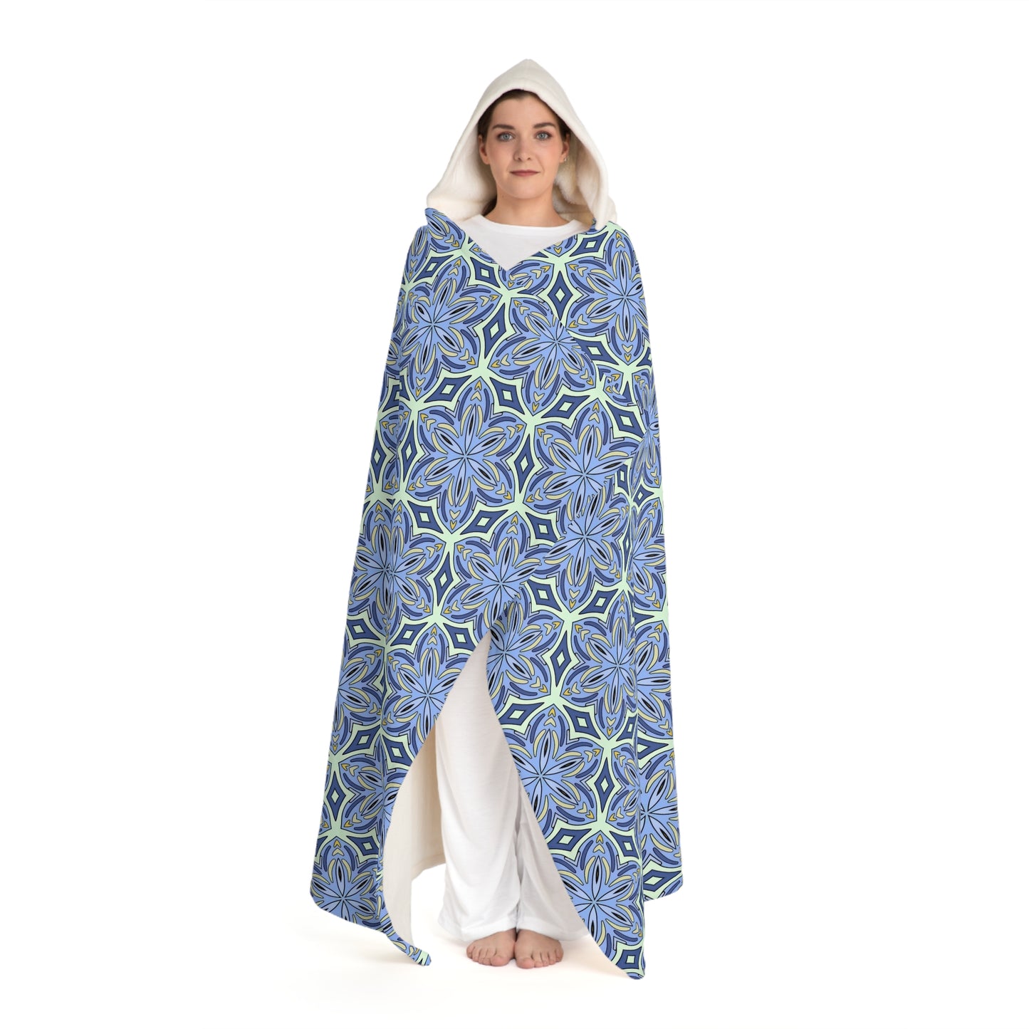 Pale Cornflower Blue and Yellow Hooded Blanket – Geometric Cozy Hooded Blanket for Adults and Modern Home Decor